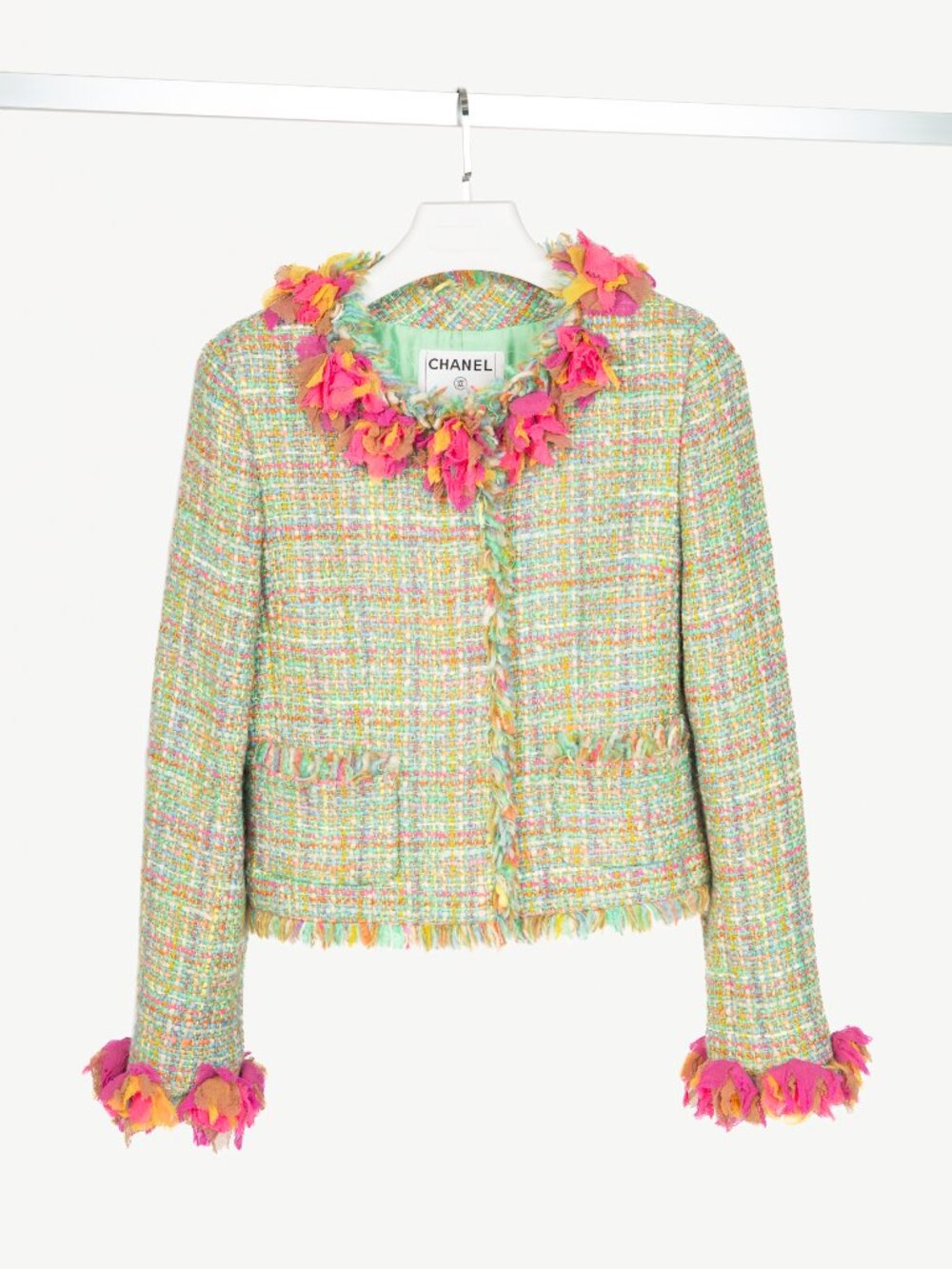 Chanel 01A Mint-Green Wool-Tweed Rosette-Trim Jacket